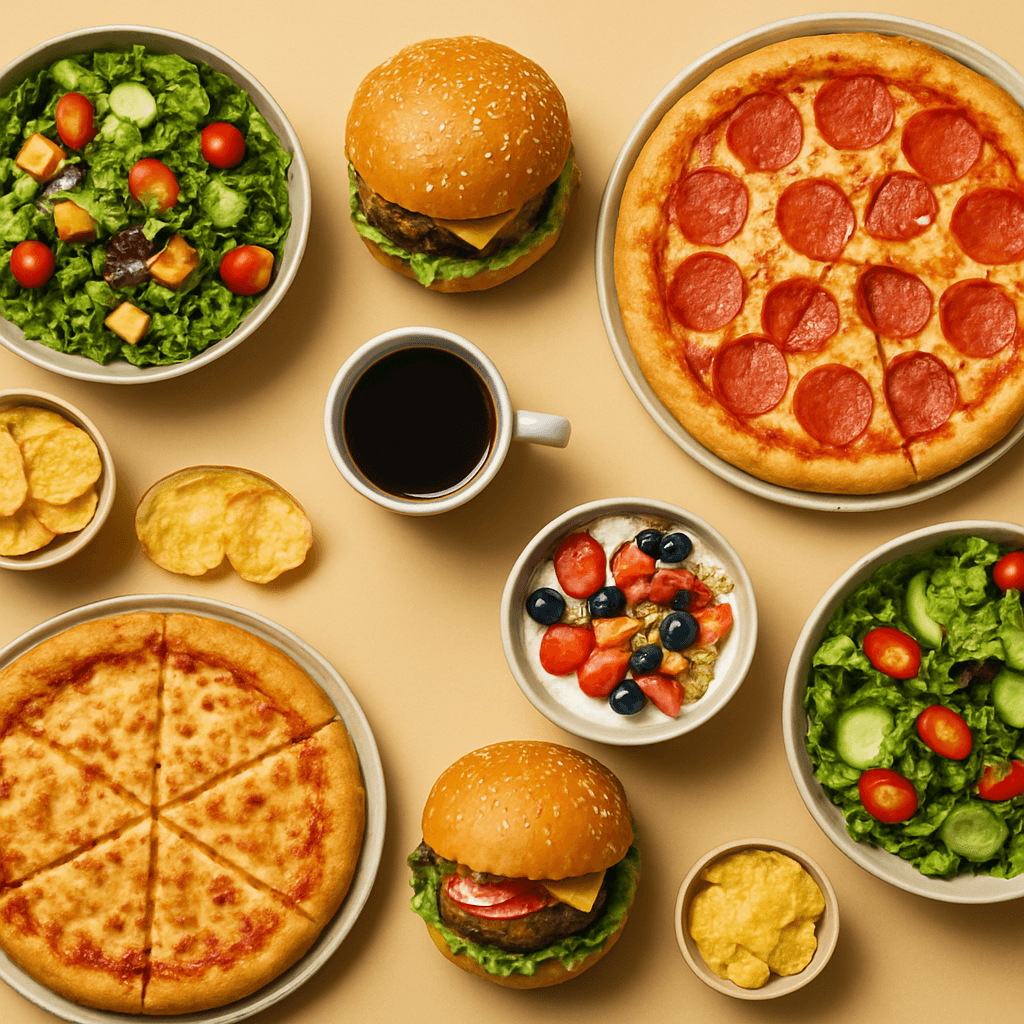 A spread of delicious campus food including pizza, burgers and bowls